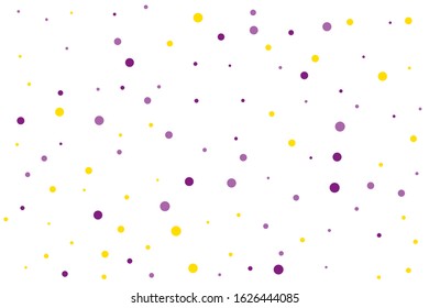 Violet and yellow circles confetti falling on transparent background. Round, dot vector background. Abstract colorful confetti flying in the air. Vector holiday illustration with circles confetti.