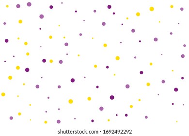 Violet and yellow circles confetti falling on transparent background. Round, dot vector background. Abstract colorful confetti flying in the air. Vector holiday illustration with circles confetti.