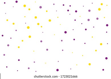 Violet and yellow circles confetti falling on transparent background. Round, dot vector background. Abstract colorful confetti flying in the air. Vector holiday illustration with circles confetti.