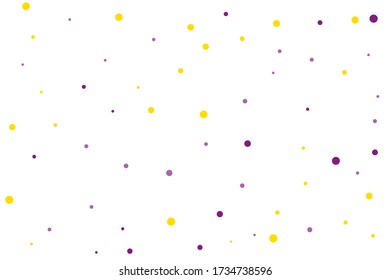Violet and yellow circles confetti falling on transparent background. Round, dot vector background. Abstract colorful confetti flying in the air. Vector holiday illustration with circles confetti.