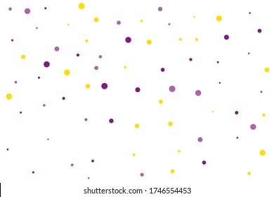Violette und gelbe Kreise Konfetti fallen auf transparenten Hintergrund. Rund, Punkt Vektor Hintergrund. Abstrakte bunte Konfetti fliegen in der Luft. Vector Ferien-Illustration mit Kreisen Konfetti.