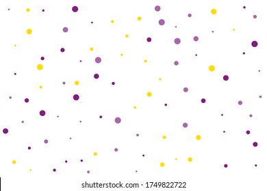 Violet and yellow circles confetti falling on transparent background. Round, dot vector background. Abstract colorful confetti flying in the air. Vector holiday illustration with circles confetti.