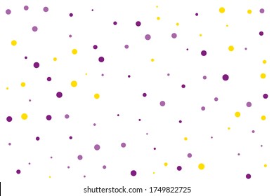 Violet and yellow circles confetti falling on transparent background. Round, dot vector background. Abstract colorful confetti flying in the air. Vector holiday illustration with circles confetti.