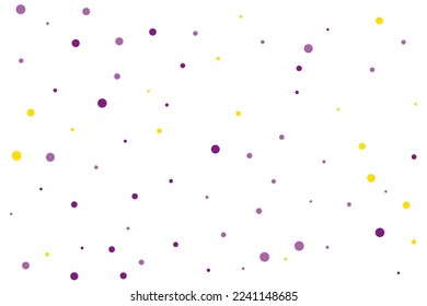 Violet and yellow circles confetti falling on transparent background. Round, dot vector background. Abstract colorful confetti flying in the air. Vector holiday illustration with circles confetti.