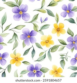 Violet and yellow flowers with green leaves, on a white background. watercolor flower seamless pattern. Watercolor print in rustic vintage style, textile or wallpapers.