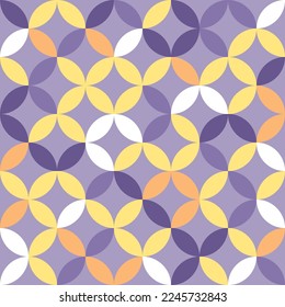 Violet and yellow geometric pattern. Overlapping circles and ovals abstract retro fashion texture. Seamless pattern.