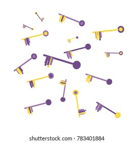 Violet and Yellow Keys of Different Size on White Background