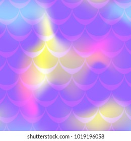 Violet yellow mermaid vector background. Multicolored iridescent background. Fish scale pattern. Seamless pattern swatch. Holographic gradient. Mermaid skin seamless pattern. Mermaid wrapping paper