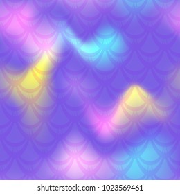 Violet yellow pink mermaid vector background. Mermaid seamless pattern tile. Holographic gradient. Fish scale pattern. Bright iridescent texture. Mermaid skin seamless pattern. Mermaid wrapping paper