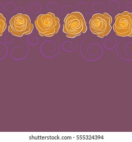Violet, yellow and purple roses pattern. Flower pattern with roses. Hand drawn rose flowers. Horizontal vector floral sketch. Vintage flower seamless pattern with copy space (place for your text).