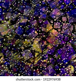 Violet and yellow seamless texture with squares, branches and small blots like paint snow. Abstract vector background for web page, banners backdrop, fabric, home decor, wrapping