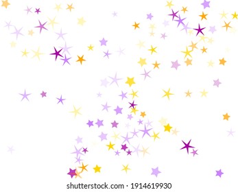 Violet and yellow sparkles confetti illustration. Flat new year star particles flying. Fame symbols. Surprise party decoration.