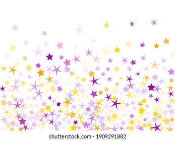 Violet and yellow sparkles confetti pattern. Flat xmas silhouettes flying. Space signs. Surprise party decoration.