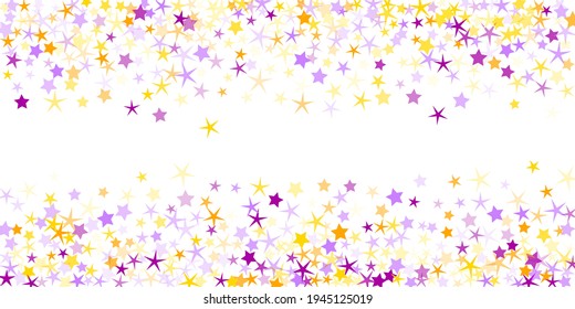 Violett und gelb funkeln Vektorhintergrund. Einfache xmas Sternchen fliegen. Universum-Symbole. Frische Textur.