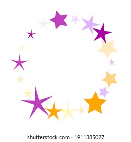 Violet and yellow stardust scatter background. Magic holiday elements flying. Galaxy icons. Surprise party decoration.