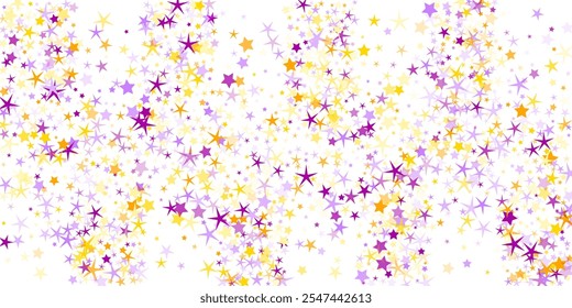 Violet and yellow stars simple vector illustration. Holiday background. Stars of different shapes. Gold and violet stars vector design. Birthday star particles flying. Fame icons. Sparkles backdrop.