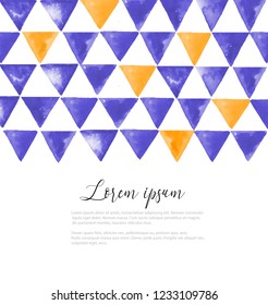 Violet and yellow triangles pattern on white background with place for your text. Memphis design with ink texture