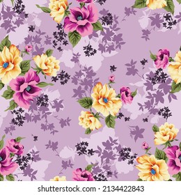violet and yellow vector stock flowers with green leaves bunches pattern in seamless background