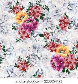 violet and yellow vector stock flowers with green leaves bunches pattern on background