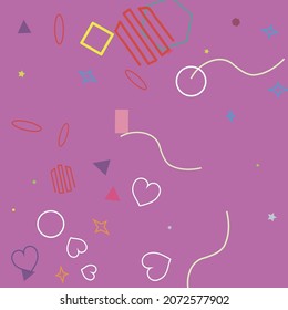 Violet Zigzag Pink Orange Oval Yellow Pastel Geometrical Design. Red Green Circle Polygonal Wave Hearts Rectangle Hipster Background. Stars Lime Colorful Simple Bright Square Purple Illustration.