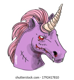 Violet zombie unicorn head vector isolated. Halloween hand drawn animal. Creepy horror horse character. Dead unicorn with pink hair.