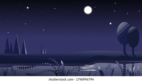 Un paisaje violeta de bosque nocturno con siluetas de árboles y abetos con plantas silvestres, río, luna llena y estrellas en el cielo. Ilustración vectorial dibujada a mano. 