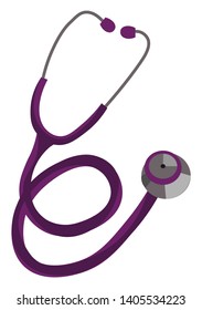 Violet-colored stethoscope with a small disc-shaped silver resonator is an instrument used to hear and amplify the sounds produced by the internal organs, vector, color drawing or illustration. 