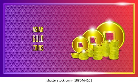 Violet-red economic poster. 3d stacks of Asian gold coins with a square hole. Patterns in frame. EPS10
