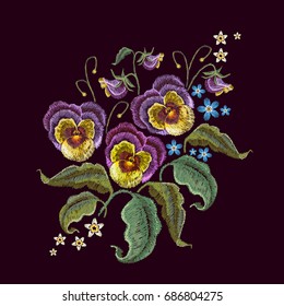 Violets flower embroidery. Classical embroidery beautiful flowers of violet on black seamless background. Fashionable template design of clothes 