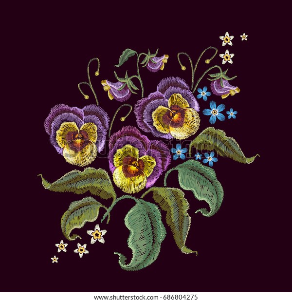 Violets Flower Embroidery Classical Embroidery Beautiful Stock Vector