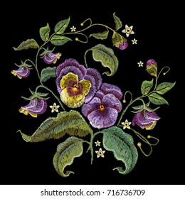 Violets flower embroidery. Fashionable design of clothes, t-shirt design. Classical embroidery beautiful flowers of violet on black background 
