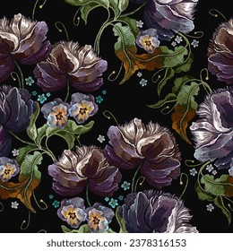 Violets flower embroidery seamless pattern. Fashion nature template for clothes, textiles, t-shirt design