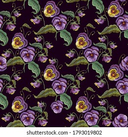 Violets flower seamless pattern. Embroidery, botanical style. Fashionable template of clothes. Spring garden art