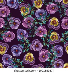 Violets flowers and meadow herbs seamless pattern. Summer garden style. Fashionable design of clothes, textile. Embroidery art