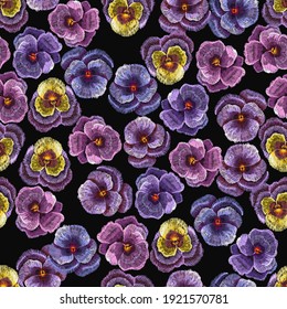 Violets flowers seamless pattern. Embroidery art. Summer garden style. Fashionable design of clothes, textile 