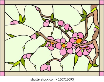 violets, magnolia, cherry / Stained glass window