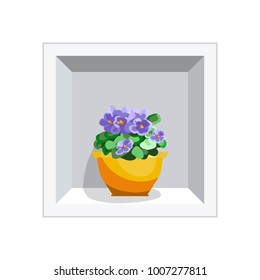 Violets on a flower shelf. Flowering plant in a pot. Icon on white background. Isolated Vector Illustration