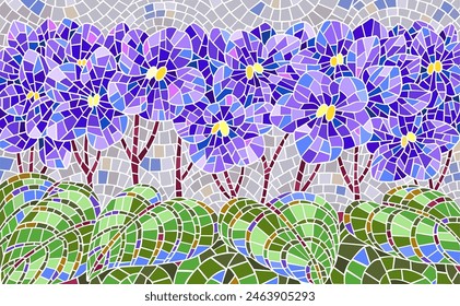 Violets of senpolia in the style of mosaics and stained glass. Vector flowers illustration. Decorative elements on a white background.