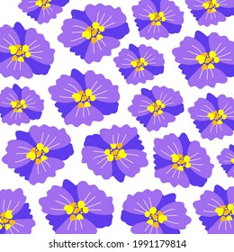 Violets are stylized. Lilac repeating flowers. Seamless flat pattern on a white background.
