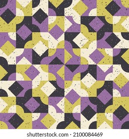 Violet-yellow abstraction with noise. Vector with tiles of rhombuses and squares, avant-garde decor with rounded and angular geometry.