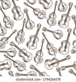 Violin and acoustic guitar seamless pattern. String musical instruments made of wood. Music performance or classic concert, orchestra or festival. Monochrome sketch outline, vector in flat style