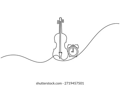 Violine und Wecker Continuous One Line Art Time für Musik Vektorgrafik