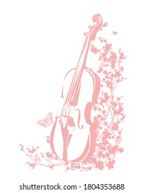 violin among blooming cherry tree branches and flying butterflies - spring season musical instrument floral vector outline