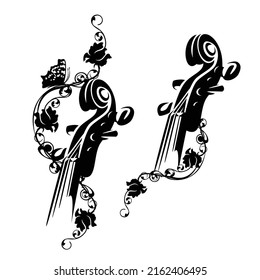 violin among blooming rose stems - string instrument neck and pegbow with flowers and butterfly black and white vector design set