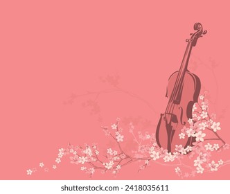 violin among blooming sakura tree flower branches - classical musical instrument ready for spring season outdoor concert performance vector copy space background