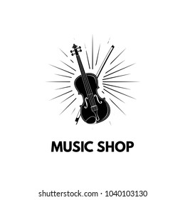 Violin in beams Icon Illustration. Violin with bow. Music shop label. Vector illustration isolated on white background.