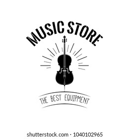 Violin in beams. Music store logo label badge. The Best equipment lettering. Vector illustration.