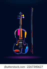 Violin with bow, abstract, colorful drawing. Vector illustration of paints