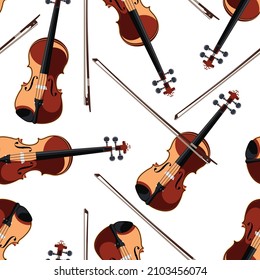 Violin with a bow. Classical musical instruments seamless pattern. Vector image. Set of isolated objects. 