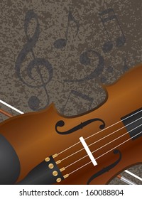Violin and Bow Closeup with Musical Notes Textured Background Vector Illustration
